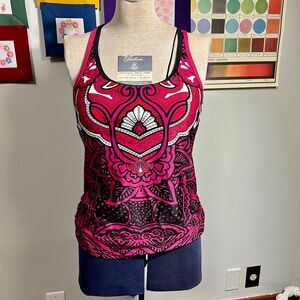 Athleta Pink & Black Patterned Racerback Tankini Top Sz L